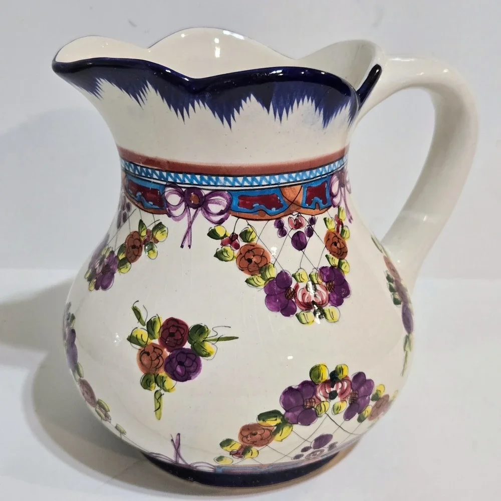 Hand Painted Mexican Floral Pitcher Ceramic Vase Floral Cottagecore Farmhouse 7